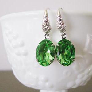 Green Swarovski Peridot Crystal Earrings In Silver